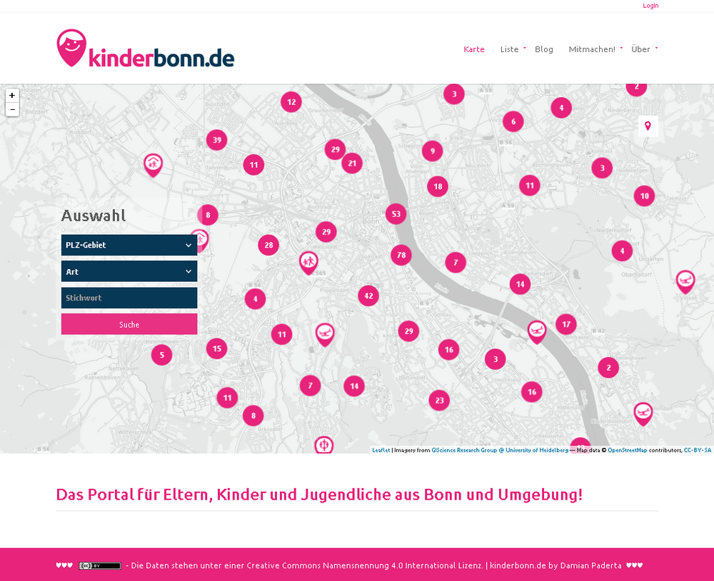 Screenshot kinderbonn.de – Das Portal für Eltern, Kinder und Jugendliche aus Bonn und Umgebung